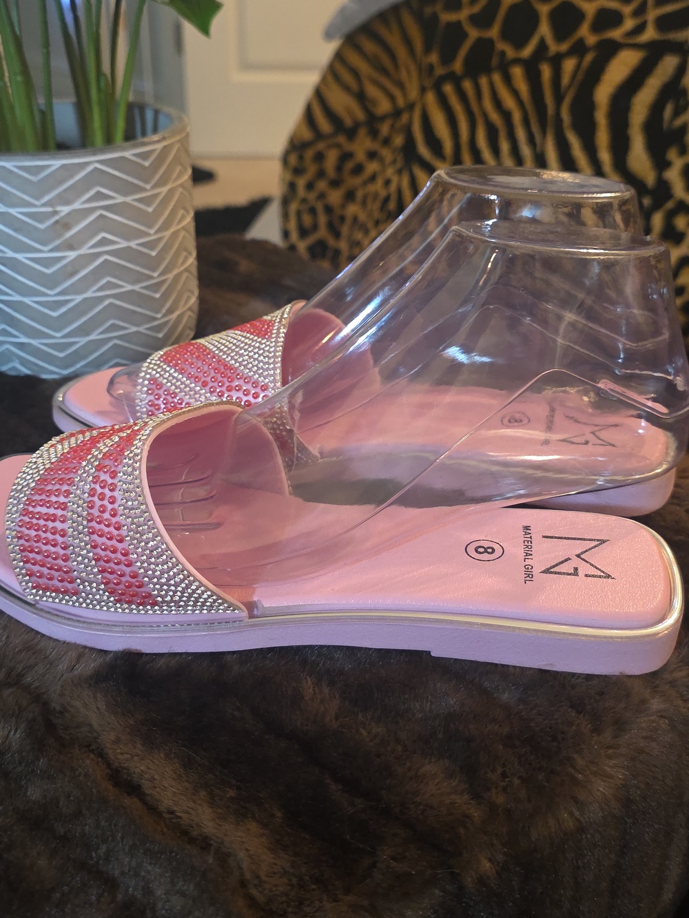 Material Girl Pink & Silver Rhinestone Slide Sandals - Picture 7 of 9